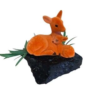 VTG Flocked Deer Fawns Sitting Figurine Schorl Black Tourmaline Base MCM Decor